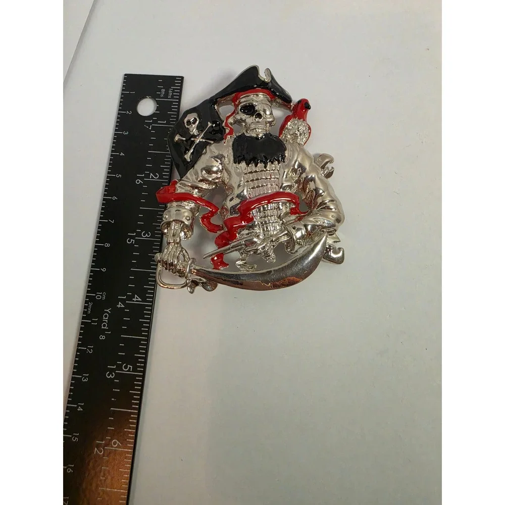 Vintage Skeleton Pirate Belt Buckle Silver Tone Enamel Jolly Roger Parrot Goth